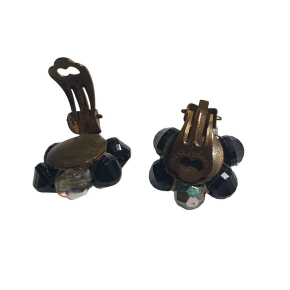 Vintage West Germany Aurora Borealis Black Beaded Clip On Earrings Floral Design - Picture 4 of 4